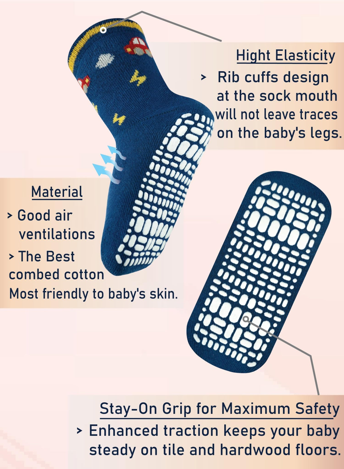RATIVE ถุงเท้าเด็กกันลื่นผ้าฝ้าย ถุงเท้ากันลื่นยาวสำหรับเด็กผู้ชาย พร้อมพื้นซิลิโคนแบบพิเศษ (12 คู่ / 245X)