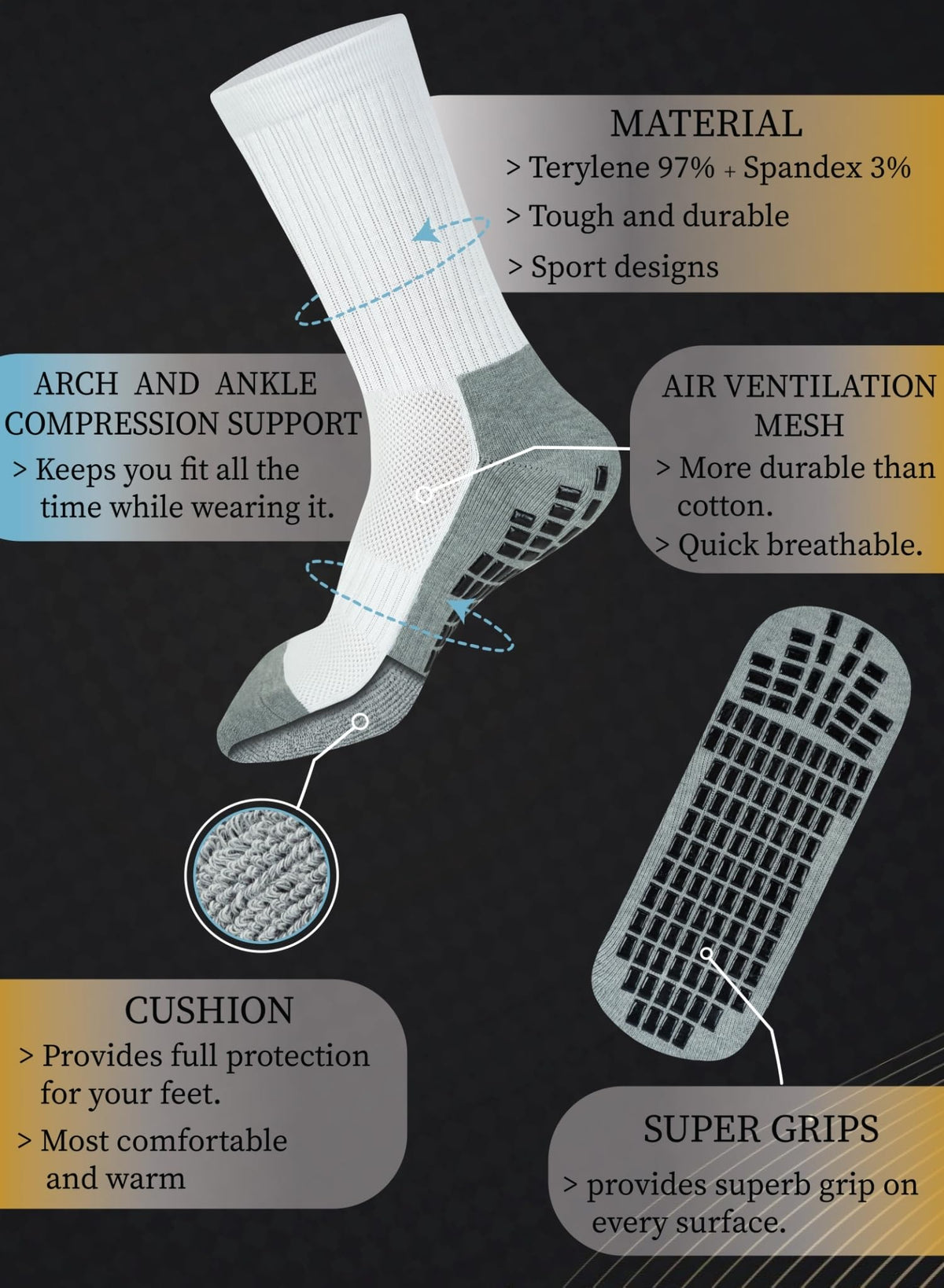RATIVE ถุงเท้ากันลื่น ข้อยาว พื้นนุ่ม Cushioned พร้อมพื้นซิลิโคนกันลื่นออกแบบพิเศษ ถุงเท้ากีฬา ถุงเท้าวิ่ง ออกกำลังกาย สำหรับผู้ชายและผู้หญิง (3 คู่ / สีขาว)